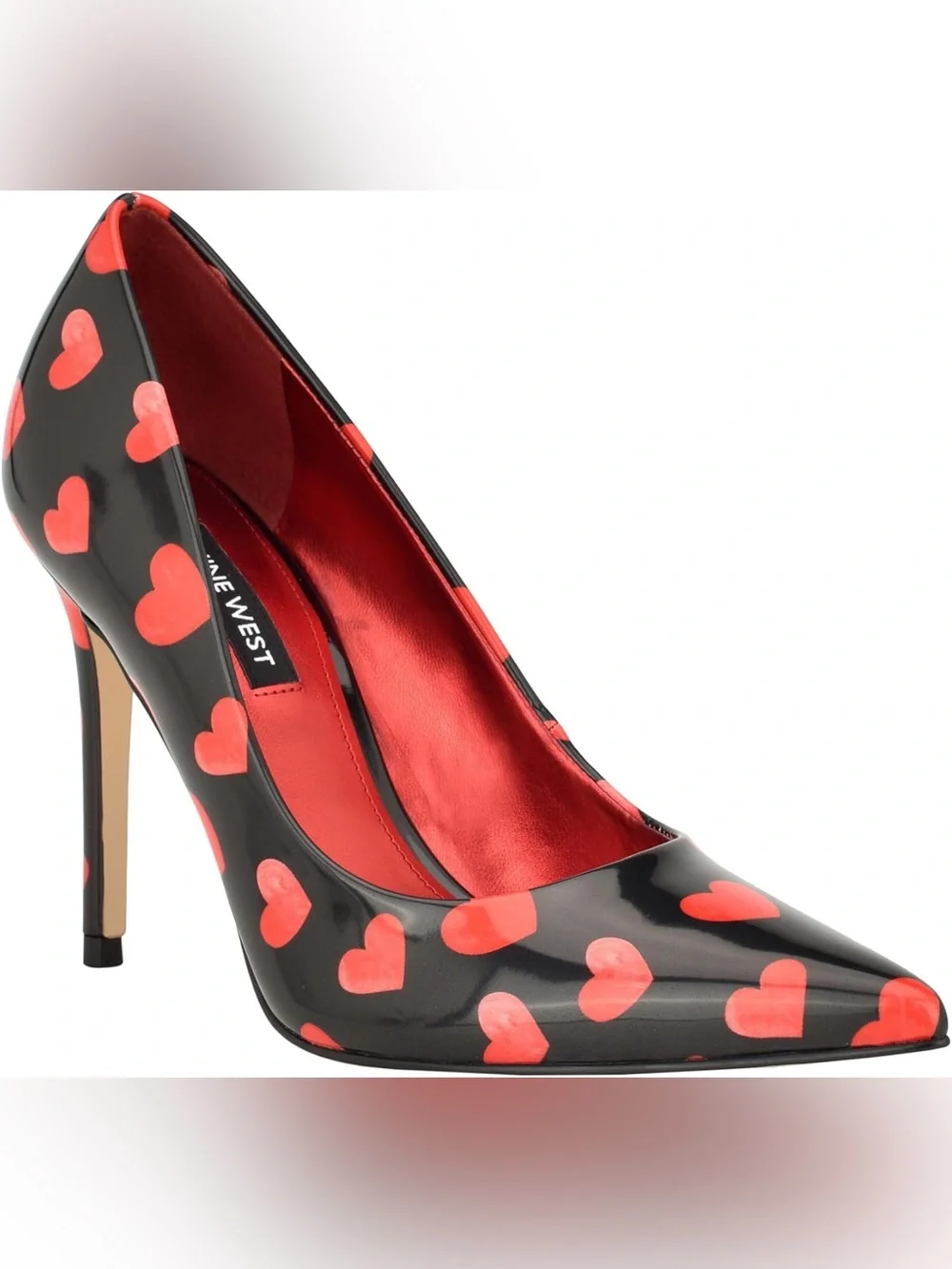 Nine West Black Patent Stiletto Pump with Red Heart Print women’s size 8.5 - Picture 1 of 7